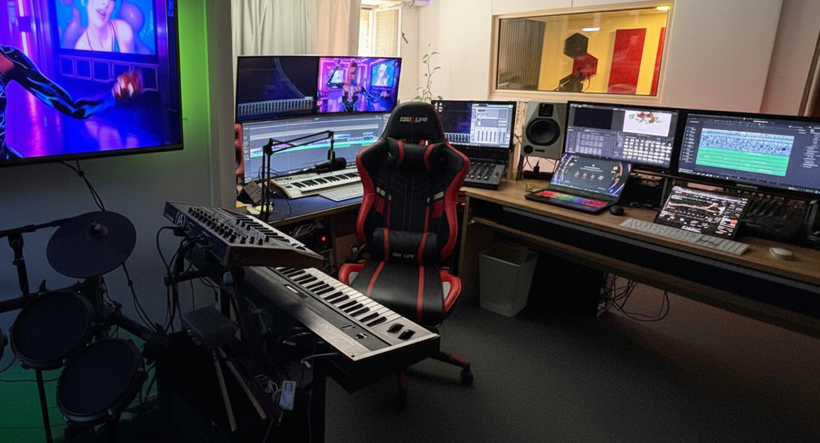 Regieplatz im Directmusic Studio mit Audio- und Video-Setup